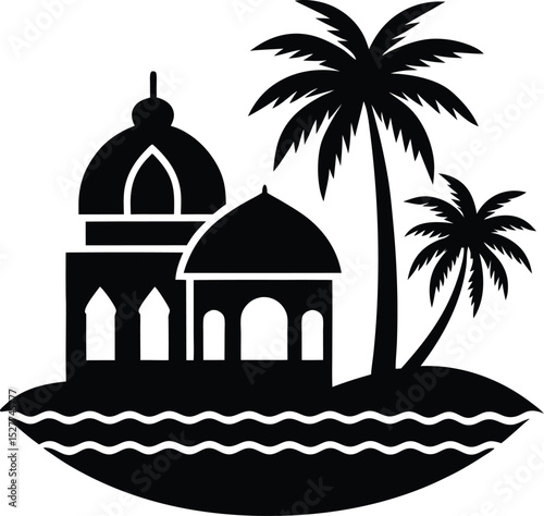 Beachside Mosque with Tropical Scenery vector silhouette illustration
