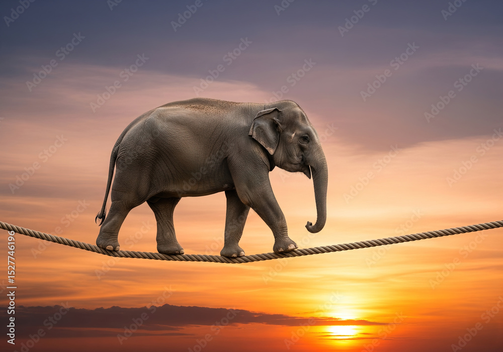 Obraz premium An elephant carefully walks a tightrope against a dramatic sunset, symbolizing balance, challenge, and overcoming obstacles.