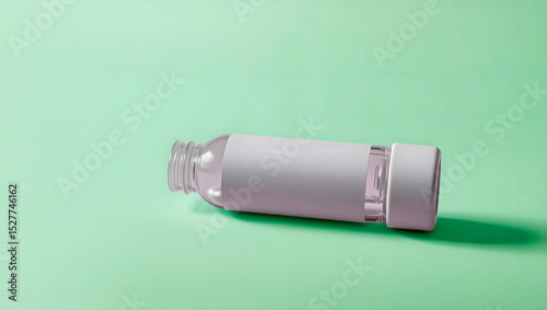 Transparent cosmetic bottle design on a soft pastel green background

