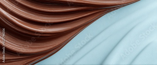 A close-up image featuring flowing textures of brown and blue surfaces, resembling chocolate and cream, creating a visually appealing abstract composition.