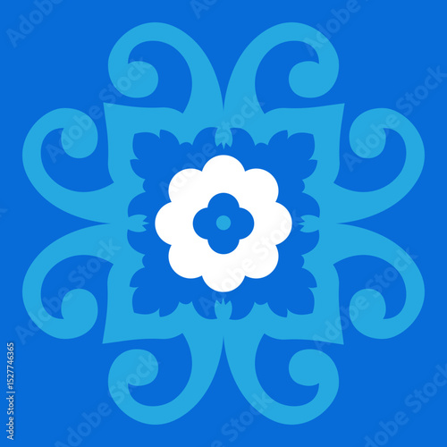 Turkish Blue Ornamental Tile, Vector Art Deco 