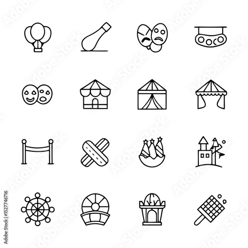 A collection of carnival and entertainment themed line art icons on white background , no background