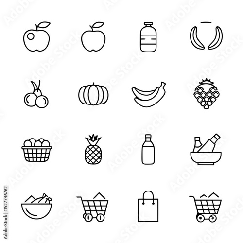 food icons set , Line art icons of fruits vegetables drinks and shopping elements on white background , no background