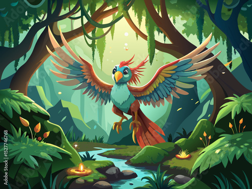 vector of A lively bird spreads its wings on a mossy branch in a mystical forest.
