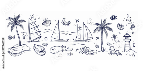 Hand-drawn doodle style illustration of a tropical beach scene