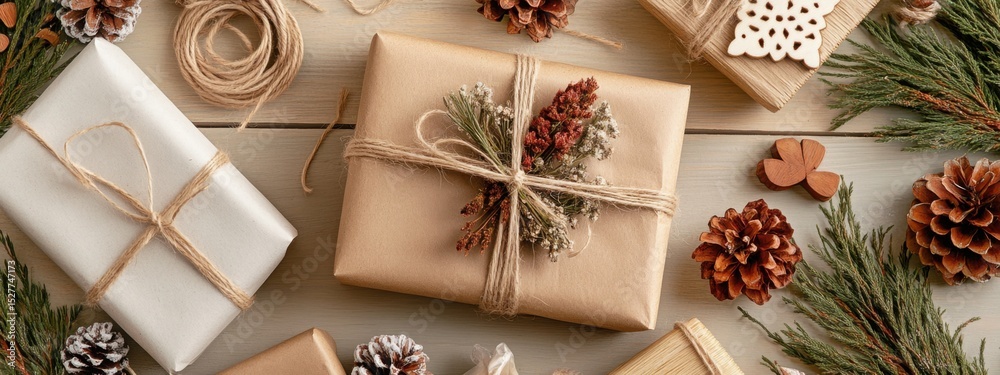 Fototapeta premium Eco Gift Wrapping, Kraft, Twine and Blooms