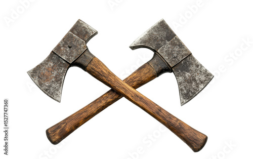 Two old fashioned wooden axes are crossed over each other