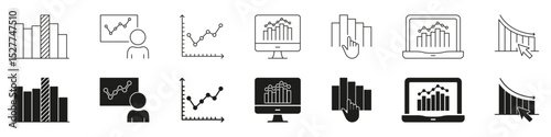Data Analytics And Visualization Line And Solid Icon Set. Business Intelligence, Graph Analysis, Performance Tracking Symbols. Financial And Statistical Insights. Isolated Vector Illustration