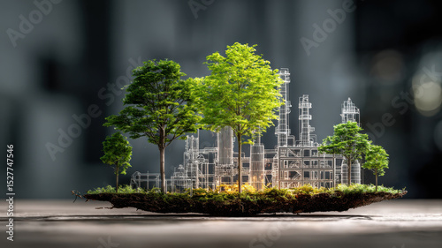 Blueprint of factory infrastructure turning into forest floor, eco-transition plan metaphor