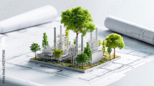 Blueprint of factory infrastructure turning into forest floor, eco-transition plan metaphor