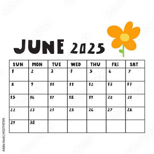 June 2025. Calendar. Vector hand drawn design on white background.