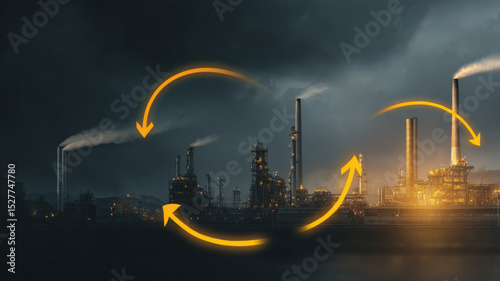 Concept of industrial ecology with arrows between multiple facilities sharing resources, closed-loop system visualization