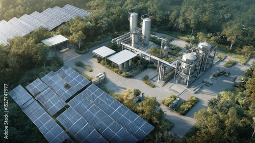 Green hydrogen plant beside solar panels, blending with surrounding nature, aerial concept art
