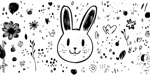 Black and white whimsical illustration of a bunny surrounded by flowers, hearts, and dots