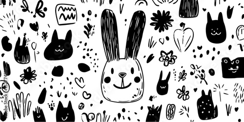Black and white whimsical pattern featuring stylized animals, plants, and abstract shapes