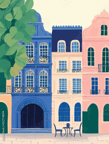 Charming european streetscape featuring pastel-hued buildings, quaint outdoor seating, capturing serene urban architectural ambiance