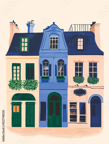 Parisian cityscape illustration featuring ornate buildings, vibrant facades, blooming window boxes, and welcoming doorways representing classic architectural elegance