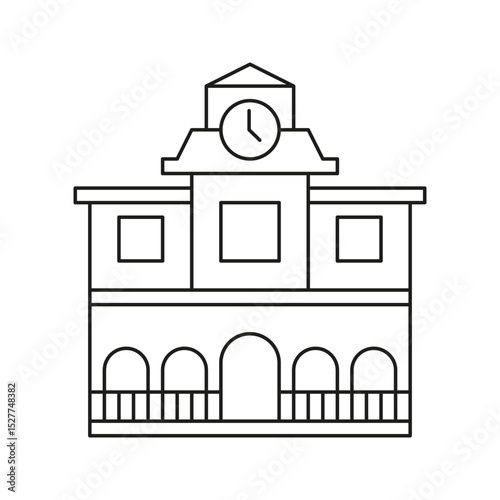 School Building With Clock Line Icon. Educational Institution And Time Management Outline Symbol. Learning Environment And Academic Schedule. Editable Stroke. Isolated Vector Illustration