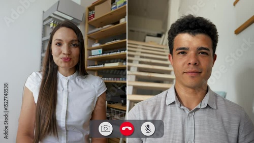 Two individuals converse in a split screen setting during an online call. The woman is in an office space, while the man is located in a home environment, sharing ideas and insights.