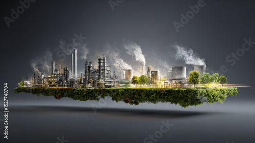 Time-lapse style frame showing factory evolving into green tech hub, sustainable growth visual