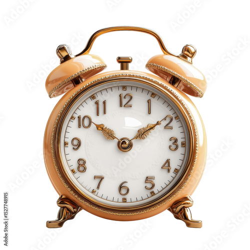 Classic Gold Alarm Clock Timepiece Vintage Analog Clockwork on Black on transparent background