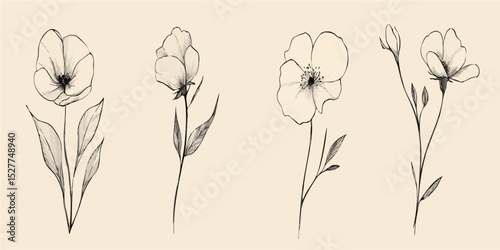 Four delicate line art flower illustrations