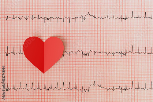 Heartbeat line with red heart shape on red grid background.