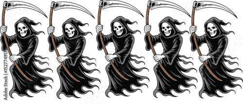 Spooky Vector Illustration of Grim Reaper Characters with Different Color Variations, Perfect for Halloween or Horror Design