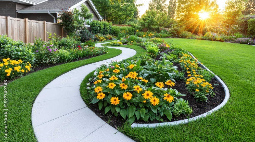 Obraz premium Curved white concrete pathway bordered by vibrant yellow flowers and lush green grass in a well-maintained backyard garden during sunset