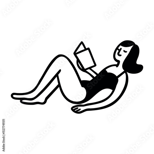 Black-haired woman in swimsuit lying on back reading a book, relaxing, leisure activity, summer concept.