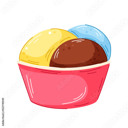 Colorful ice cream in pink bowl of with lemon, chocolate and mint scoop in cartoon. Perfect for dessert menu, packaging and sweet food design.