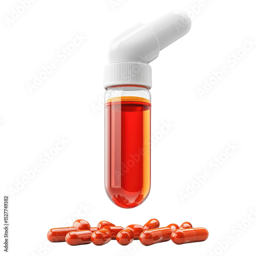 Red Liquid in Glass Vial with Capsules Pharmaceutical Medicine Health Care on transparent background