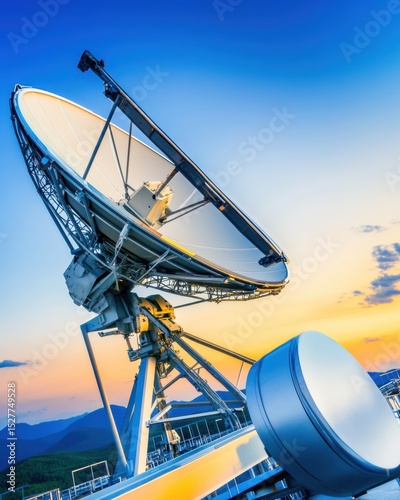 Large satellite dish antenna with alignment tool mounted on metal structure against clear blue sky during sunset