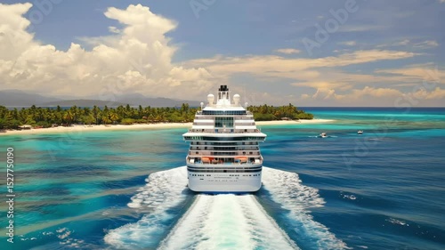Luxury cruise ship sailing through turquoise tropical waters near exotic island under blue sky, perfect for summer vacations and holiday adventures
