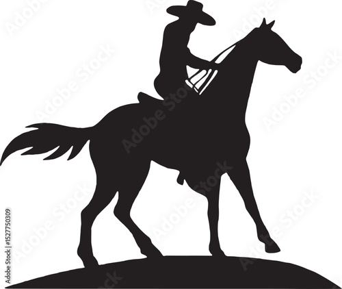 Classic cowboy riding silhouette with a calm pose, symbolizing a sunset ride. Suits book covers, apparel, and branding.