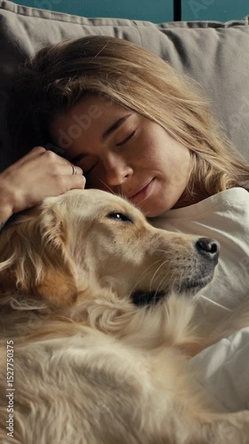 A woman and her golden retriever enjoy a tranquil moment together, embracing warmth and comfort, creating a bond filled with love and joy