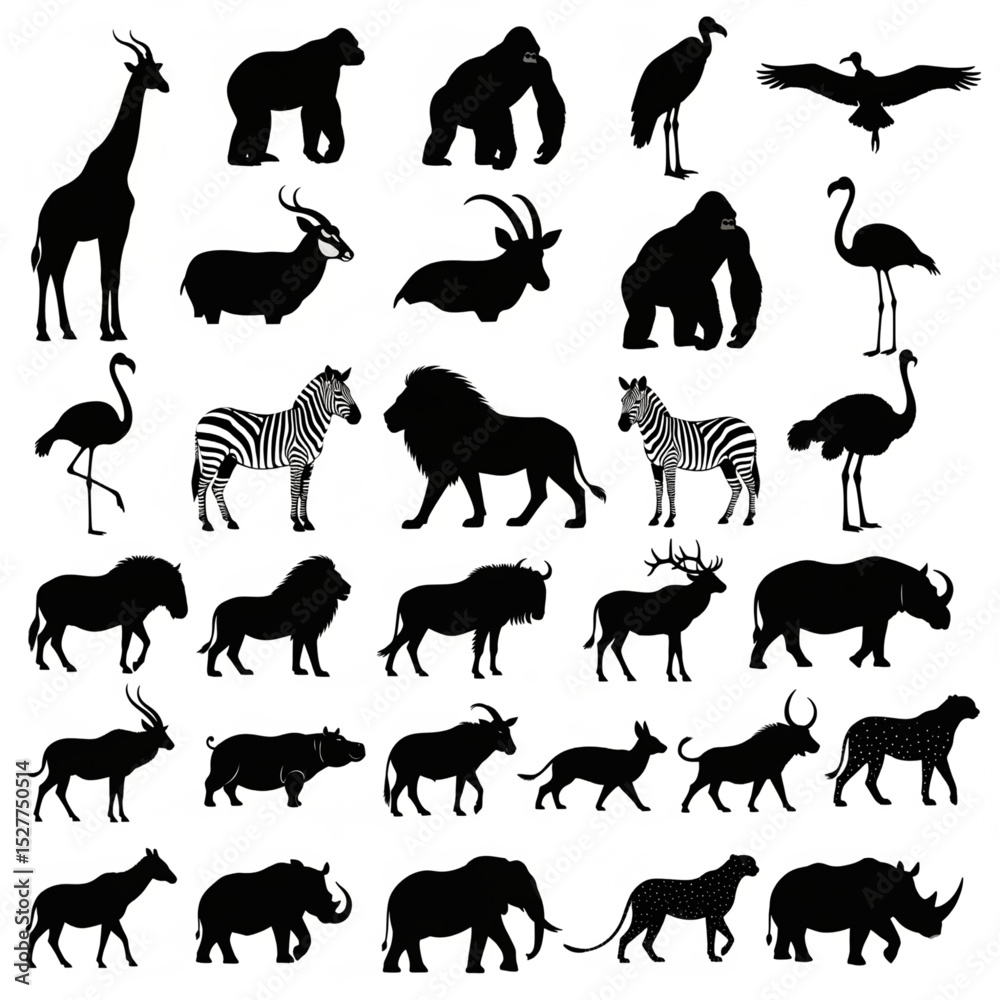Fototapeta premium African Safari Wildlife Animals Silhouettes Set.