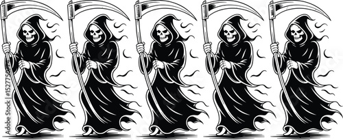 Spooky Black-and-White Vector Illustration of Grim Reaper Characters with Flowing Cloaks and Scythes, Perfect for Halloween or Horror Design
