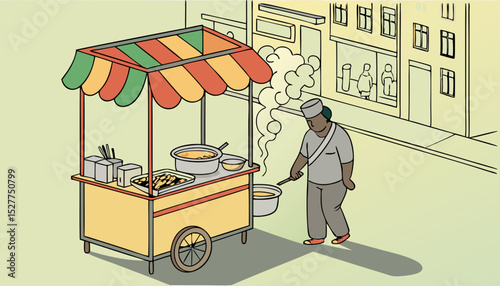 Street Food Vendor Cooking Noodles on Cart with Colorful Awning in Urban Setting      