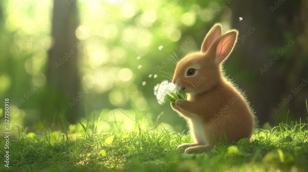 Fototapeta premium Cute bunny, light-filled forest, enjoying a dandelion