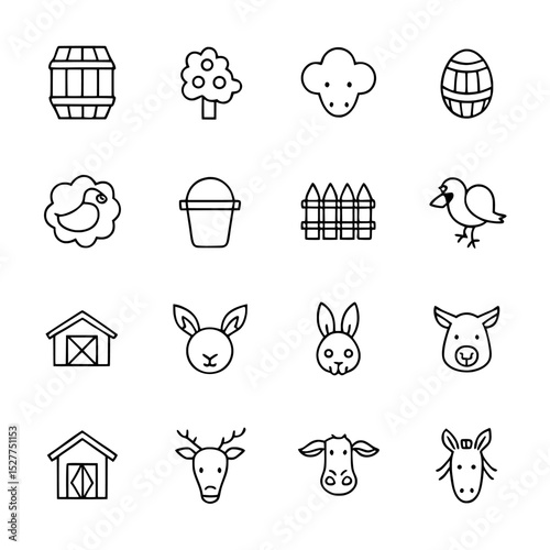 Outline icons of farm animals and objects on a white background on white background , no background