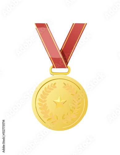 Gold Medal with Red Ribbon – Vector Illustration of First Place Award and Achievement