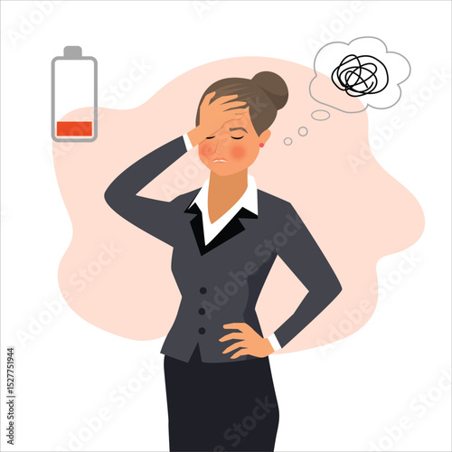 A sad tired business woman with chaos in her head. Emotional burnout, neurosis, stress, overwork, fatigue, anxiety, exhaustion. The concept of mental health preservation. Vector illustration