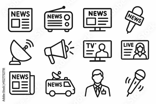 News media icons: newspaper, radio, tv, microphone, satellite, megaphone