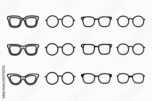 Various styles of black eyeglasses frames on a white background