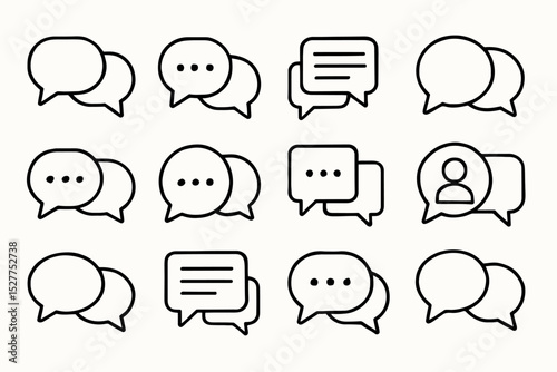 Set of black and white speech bubble icons with chat symbols