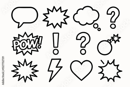 Set of comic style speech bubbles and symbols featuring pow and question marks