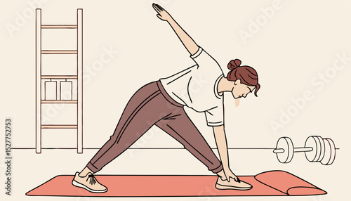 Woman stretching on yoga mat in casual wear indoor fitness and flexibility exercise      