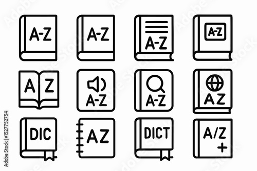 Set of 12 black outline dictionary and thesaurus icons with a-z labels