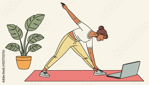 Woman stretching on yoga mat in casual wear indoor fitness and flexibility exercise      